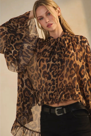 Leopard Print Chiffon Bow Tie Blouse | Flowy High Low Ruffle Hem Statement Top
