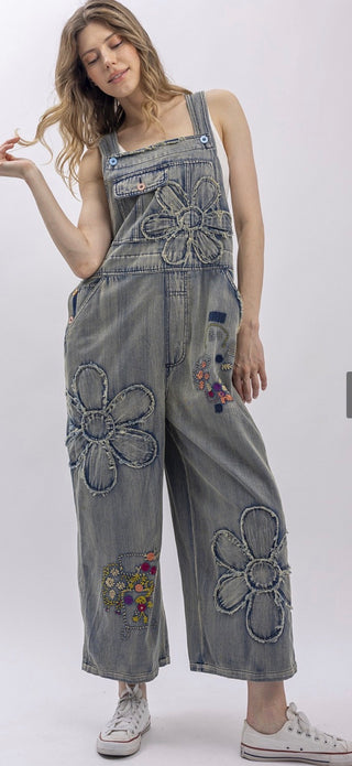 Vintage Flower Patch Denim Overalls | Boho Embroidered Wide Leg Jumpsuit