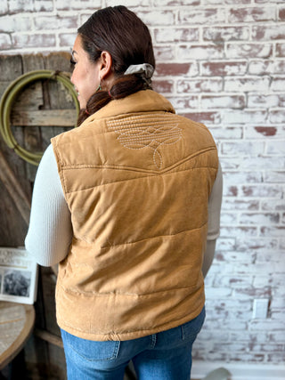 Saddle Tan Faux Suede Boot Stitch Western Puffer Vest