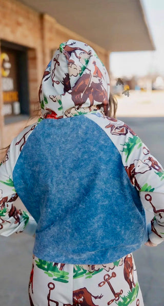 The back of Vintage Ranch Cropped Hoodie – Western Cowboy Print Pullover-2Fly Co