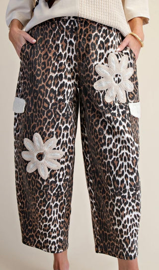 Easel Leopard Floral Patch Barrel Pants for Women – Cropped Animal Print Cargo Pants with Crochet Flower Detail