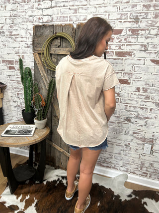 The Lone Cowgirl Western Embroidered Yoke High Low T Shirt-Taupe