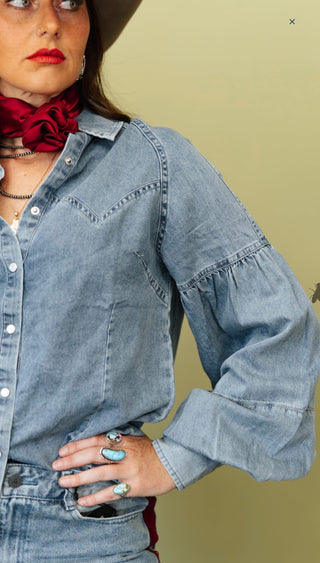 The Denim Drama Pearl Snap Top