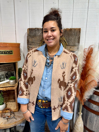 Cowboy Up Aztec Knit Bomber – Western Bronc Rider Cardigan