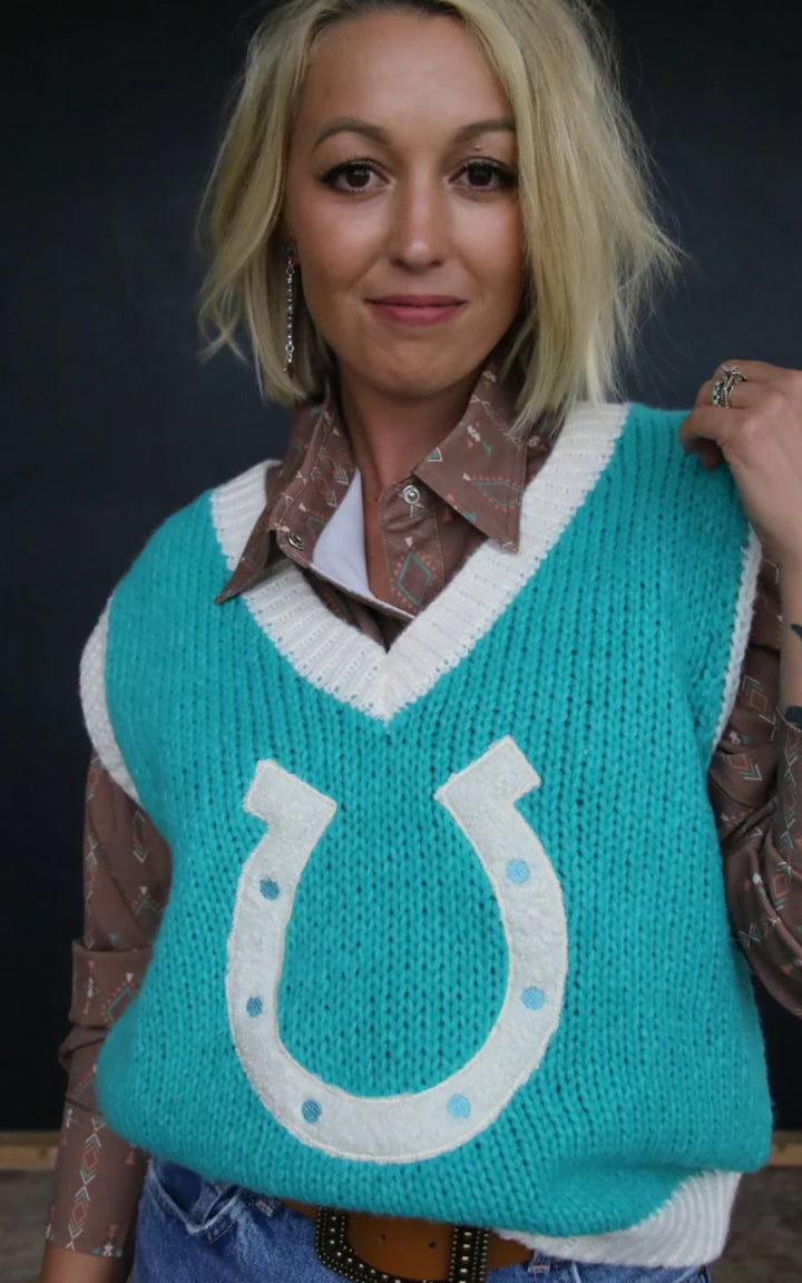 Turquoise V Neck Horseshoe Sweater-RESTOCK!!