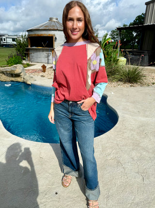 Rust Bloom Patchwork Floral Top | Boho Western Oversized Tunic