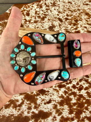 Handmade Buffalo Nickel Southwestern Belt Buckle Set with Turquoise, Spiny Oyster , Purple Dahlia & White Buffalo Stones