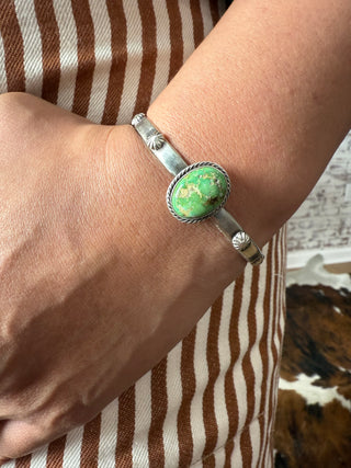 Native American Sonoran Gold Turquoise Cuff – Handcrafted Sterling Silver Bracelet