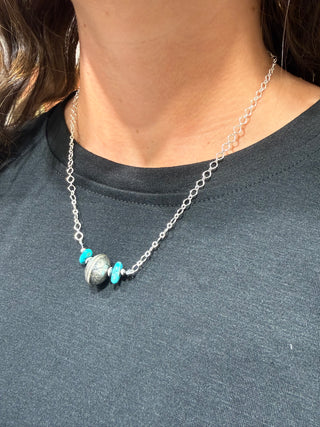 Sterling Silver Mercury Dime Bar Necklace with Turquoise | Western Desert Pearl Necklace