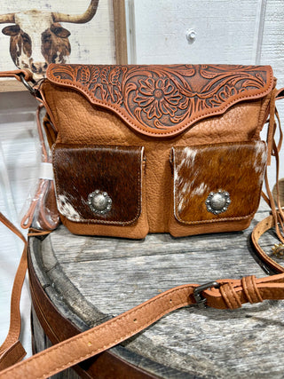 Trinity Ranch Brown Cowhide Concho Crossbody Purse