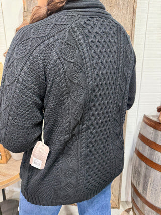 Midnight Mesa Concho Cardigan – Black Cable Knit Western Sweater with Turquoise Buttons