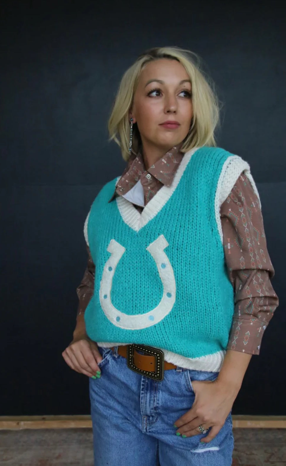 Turquoise V Neck Horseshoe Sweater-RESTOCK!!