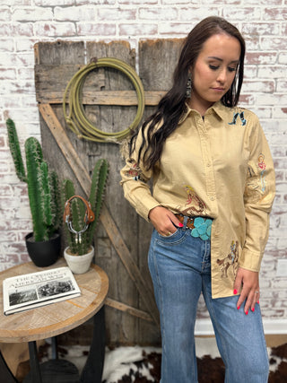 Yippee Ki Yay Embroidered Linen Western Top-Camel