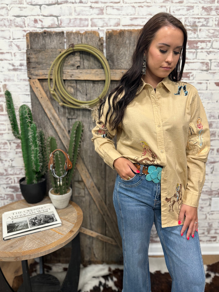 Yippee Ki Yay Embroidered Linen Western Top-Camel