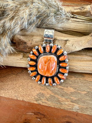 Darlene Begay Orange Spiny Oyster Cluster Sterling Silver Pendant