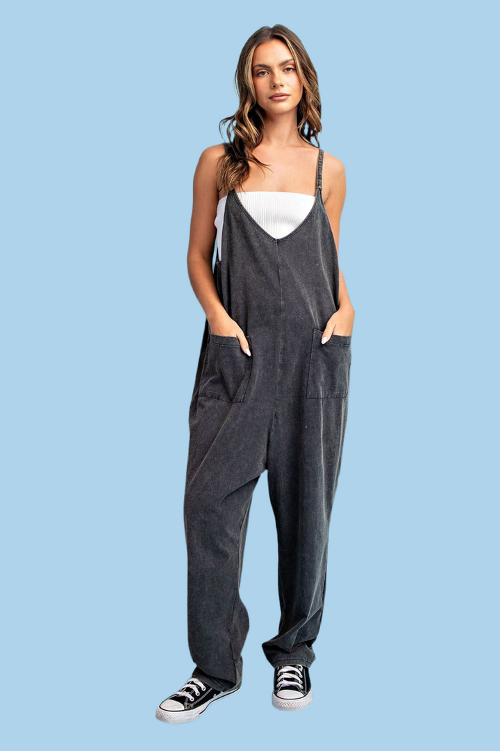 Black Ash Mineral Washed Harem Jumpsuit