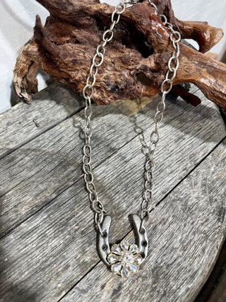 Crystal Flower Horseshoe Necklace | Western Rhinestone Cowgirl Statement Necklace