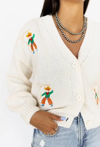 Roping Cowboy Embroidered Knit Cardigan | Western Button Front Sweater