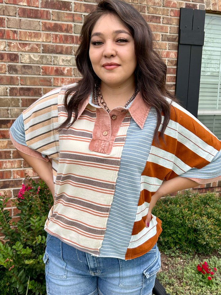 OLI & HALI WASHED STRIPE MIX SHORT SLEEVE POLO TOP