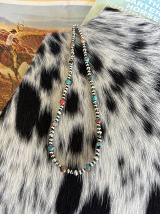 
16” Spiny Oyster Dahlia & Sterling Silver Pearl Choker – Western Turquoise Statement Necklace