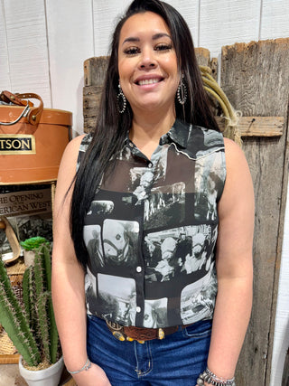 2 Fly Co Hereford Edit Collage Pearl Snap Top | Sheer Western Cow Print Button Down Sleeveless Top