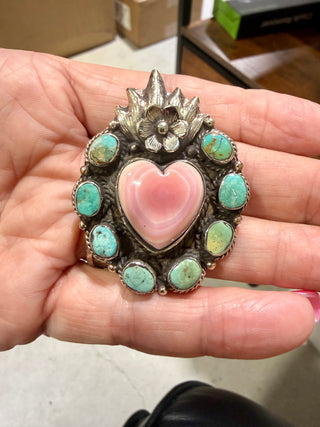 Pink Queen Conch Heart Pendant with Turquoise | Tibetan Repoussé Western Statement Necklace