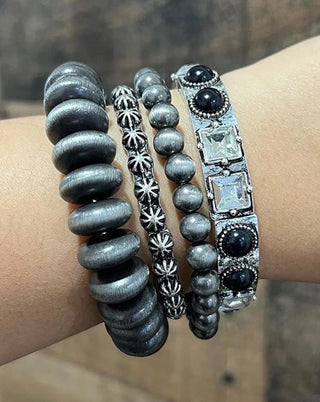Black Stone & Silver Navajo Pearl Western Bracelet Stack | Cowgirl Stretch Set Of 4