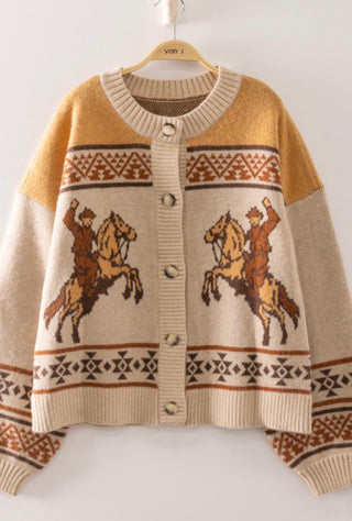 Mustard Cowboy Knit Cardigan | Western Fair Isle Button Front Sweater