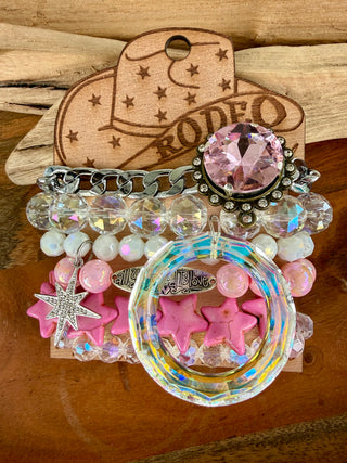 Pink Western Star Bracelet Stack | Iridescent Crystal Cowgirl Stretch Bracelets