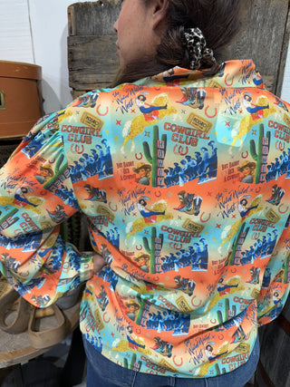 Wild West Cowgirl Club Collage Retro Print Button Down Top