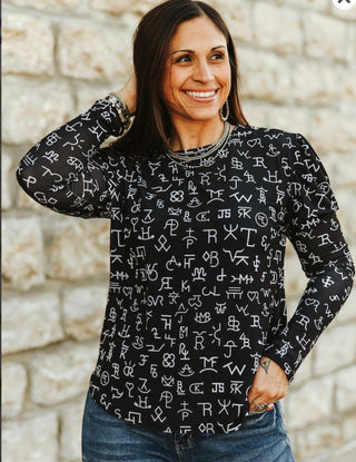 Black Western Cattle Brand Print Long Sleeve Top | Cowgirl Layering Essential-PLUS Too!