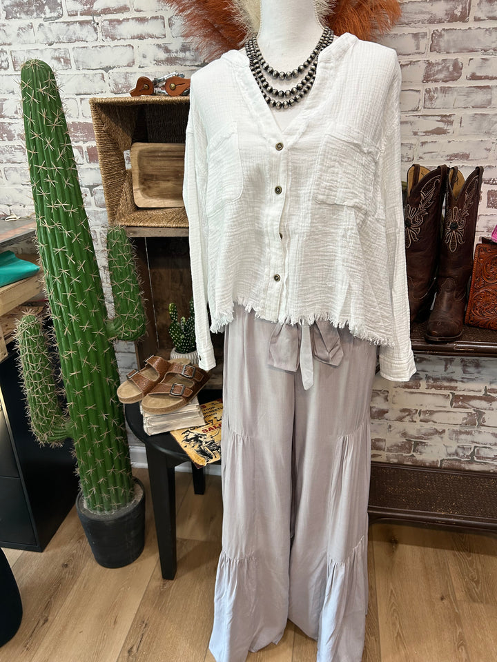Gray Tiered Wide Leg Ruffle Pants