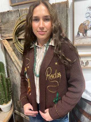 Bronc Rider Rodeo Embroidered Cardigan- Brown