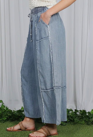 High-Waisted Wide Leg Chambray Cropped Pants | Tencel Denim Drawstring Pants