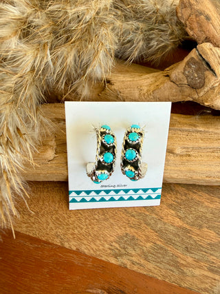 Sterling Silver Turquoise Row Hoop Earrings- Native American