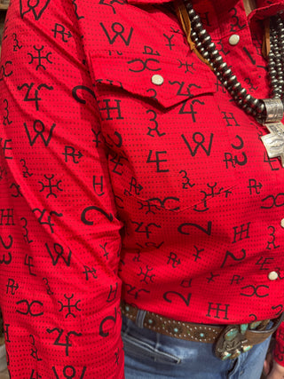 Red Cattle Brand Print Riding & Stock Show Red Western Performance Shirt