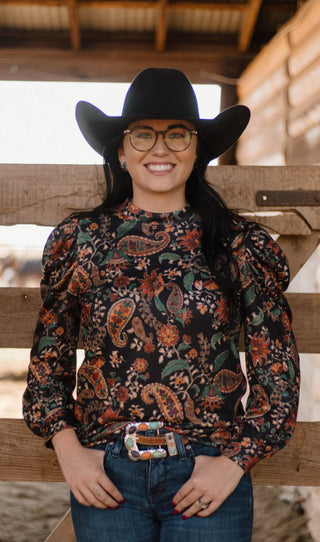 Desert Rose Top – Western Paisley Puff Sleeve Blouse
