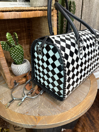 Large Black & White Checkered Speedy Leather Handbag – Western Barrel Style Purse