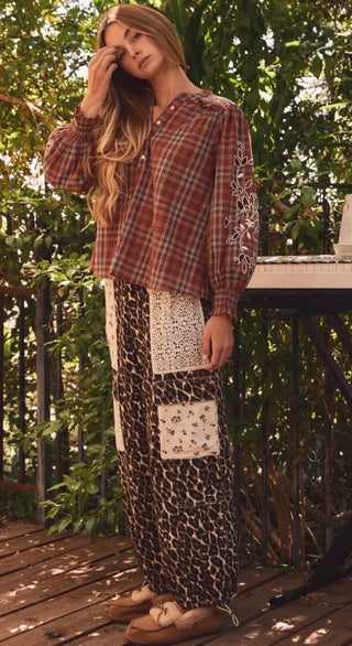 Leopard Bubble Pants with Lace Patchwork Pockets | Boho Drawstring Hem Lounge Pants