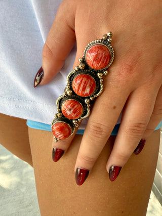 Red Spiny Oyster Statement Ring | Adjustable German Silver Southwestern Ring