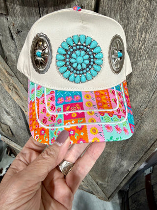Turquoise Bloom Patchwork Trucker Hat