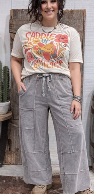 Easel Gray Cargo Lounge Pants | Washed Wide Leg Drawstring Pants-Stone