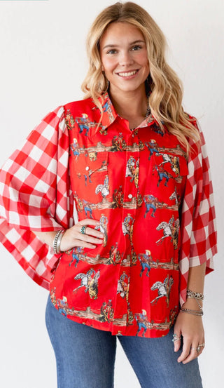 Rodeo Revival Button-Up Shirt – Western Cowboy Print Top with Buffalo Check Sleeves & Pearl Snaps