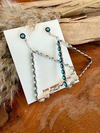 Zuni Made Sterling Silver Turquoise 3D Triangle Statement Earrings