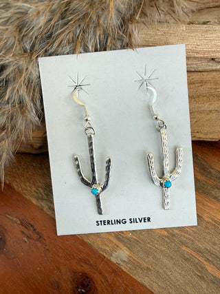 Pauline Nelson Turquoise Sterling Silver Saguaro Cactus Earrings – Native American Made