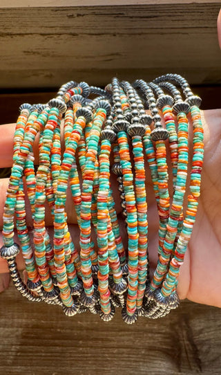 Sterling Silver Pearl Choker with Turquoise & Spiny Oyster Serape Heishi – 14” Western Layering Necklace