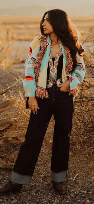 Turquoise Haven Southwestern Fringe Cardigan | Cozy Aztec Knit Open Front Cardigan