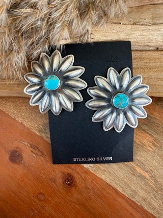 Native American RJ Turquoise Sterling Silver Flower Statement Earrings