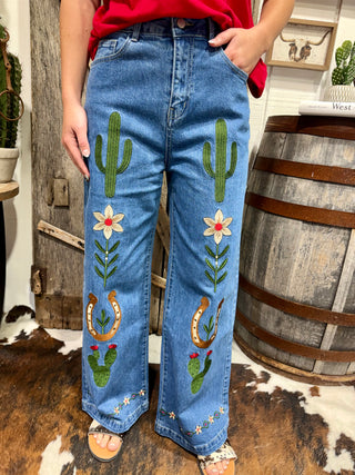 Desert Bloom Embroidered Wide Leg Jeans