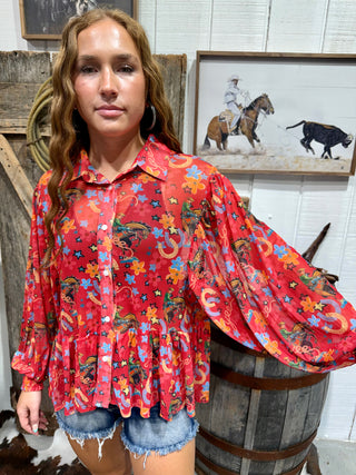 Red Yeehaw Mesh Peplum Western Top | Retro Cowgirl Button Front Blouse-Turquoise Haven